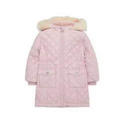 M&Co Pink Diamond Quilted Faux Fur Trim Coat