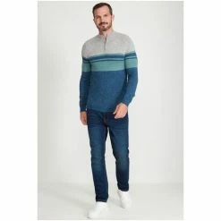 M&Co Blue Half Zip Fine Stripe Knit Jumper -M&Co shop unnamed file 341